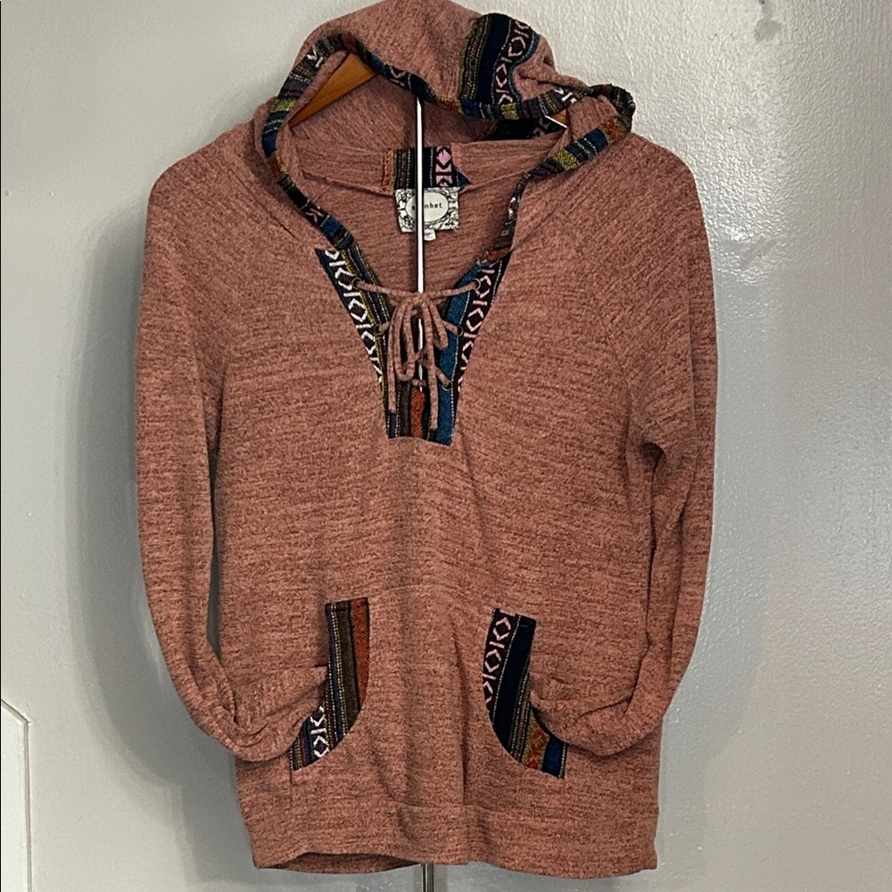 Rustic Boho Hooded Sweatshirt with Patterned Accents